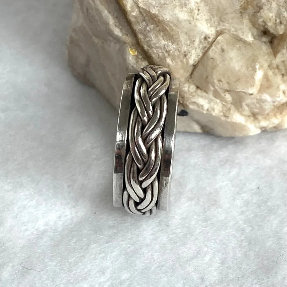 Sterling Silver 925 8MM Unisex Braided Rope Wide Band Spinner Ring Size 8.25 8g